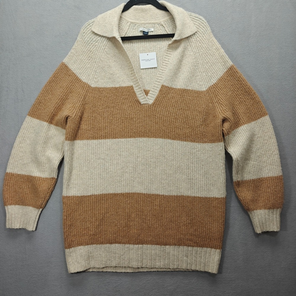 American Eagle Striped Sweater Women Medium VNeck Polo Preppy Oversized Academia